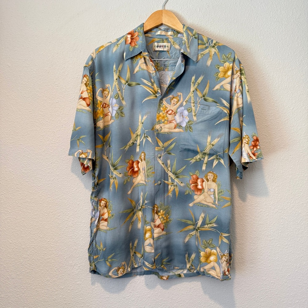 Campia Moda Mens Blue Rayon Pinup Girl Hibiscus Bamboo Hawaiian Shirt Large
